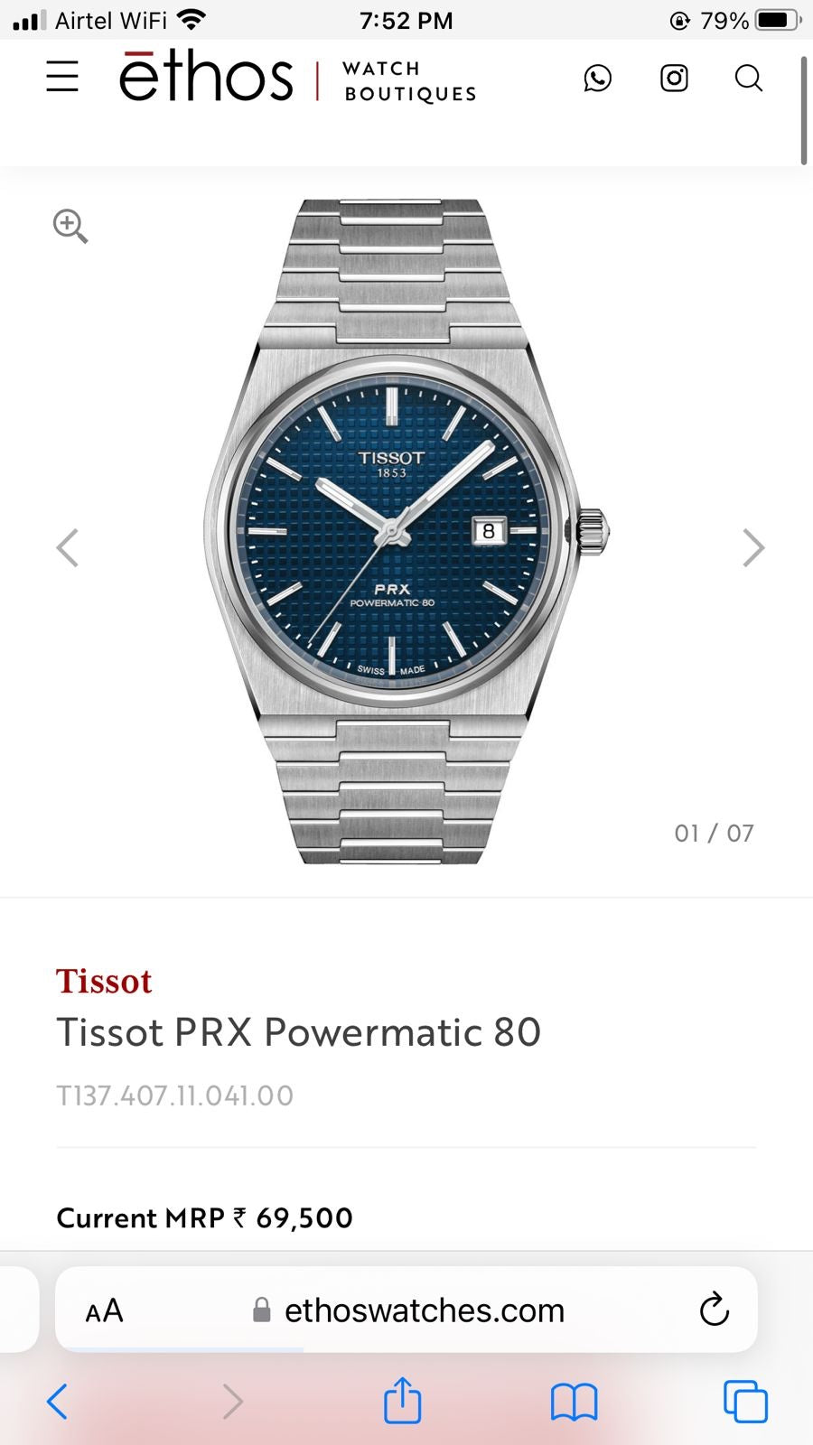Tissot PRX Powermatic Japanese Stainless Steel Blue Dial Men’s Watch