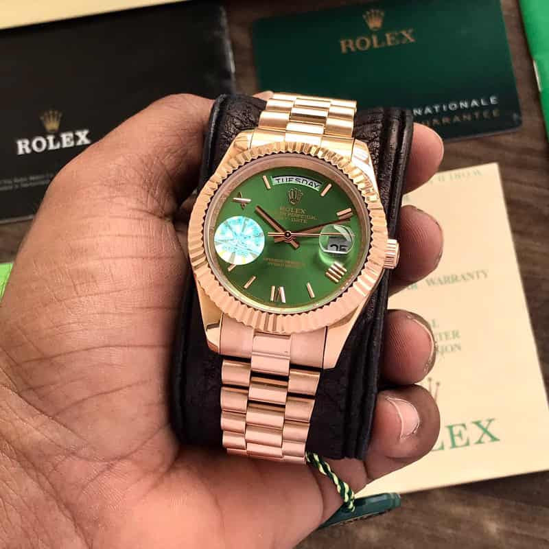 Rolex Day Date 41 Rose Gold Green Dial Japanese Automatic Mens Watch — zoomed view
