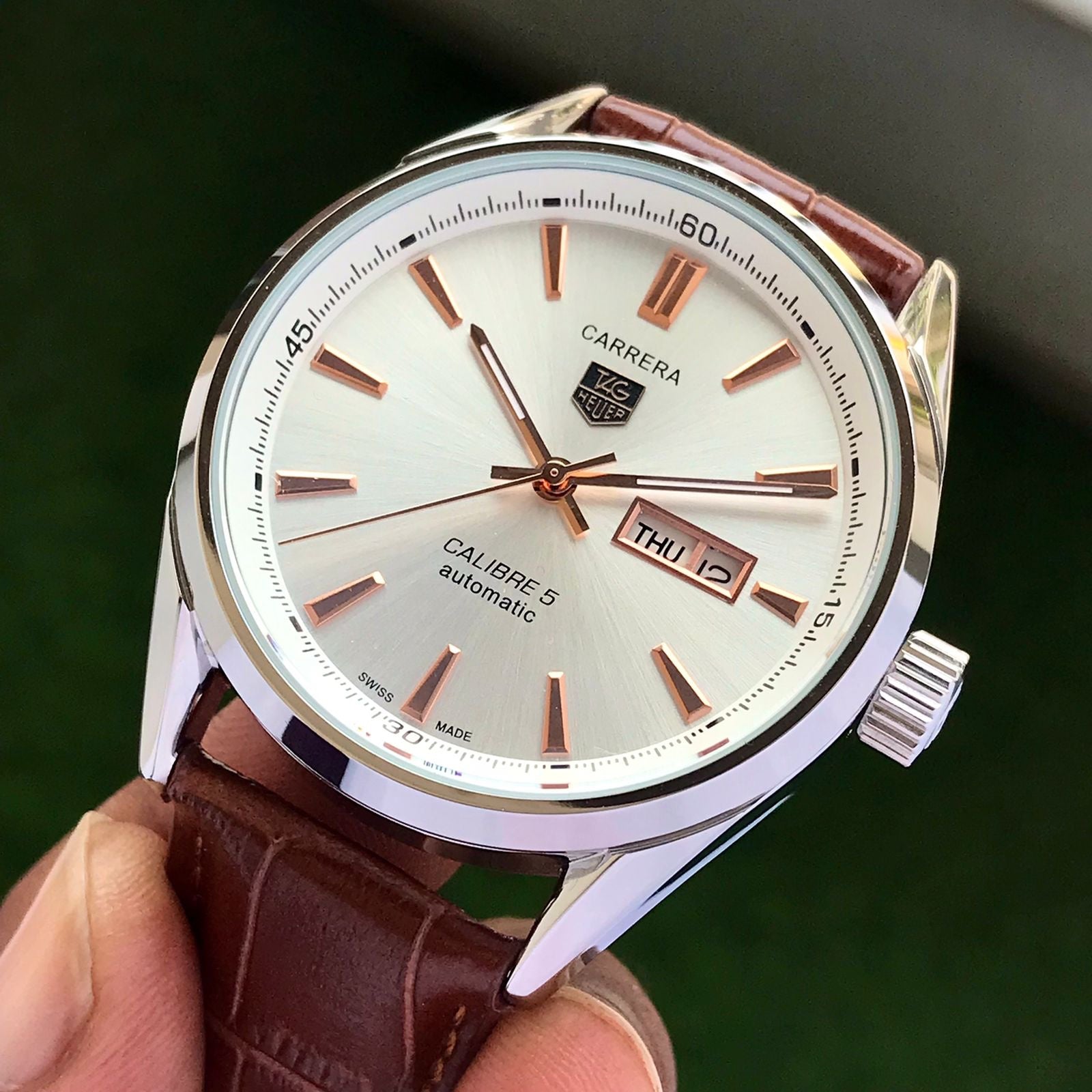 Tag Heuer Grand Carrera Calibre 5 Day Date White Copper Dial & Brown Leather Strap Swiss Japanese Automatic Machinery Mens Watch