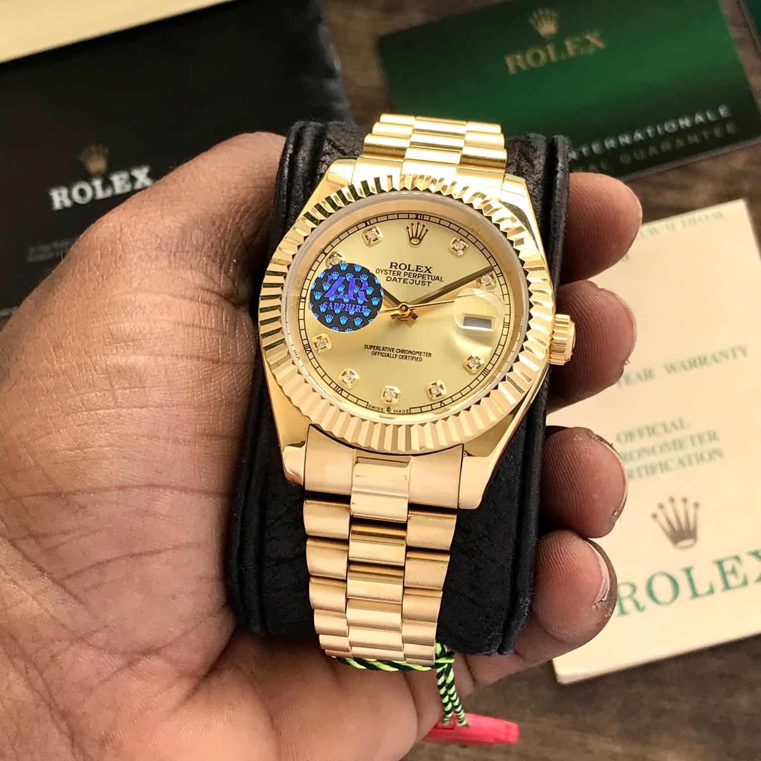 Exclusive Rolex Day Date 41 Gold Tone Gold Dial Dimond Numbers Japanese Automatic Mens Watch — zoomed view