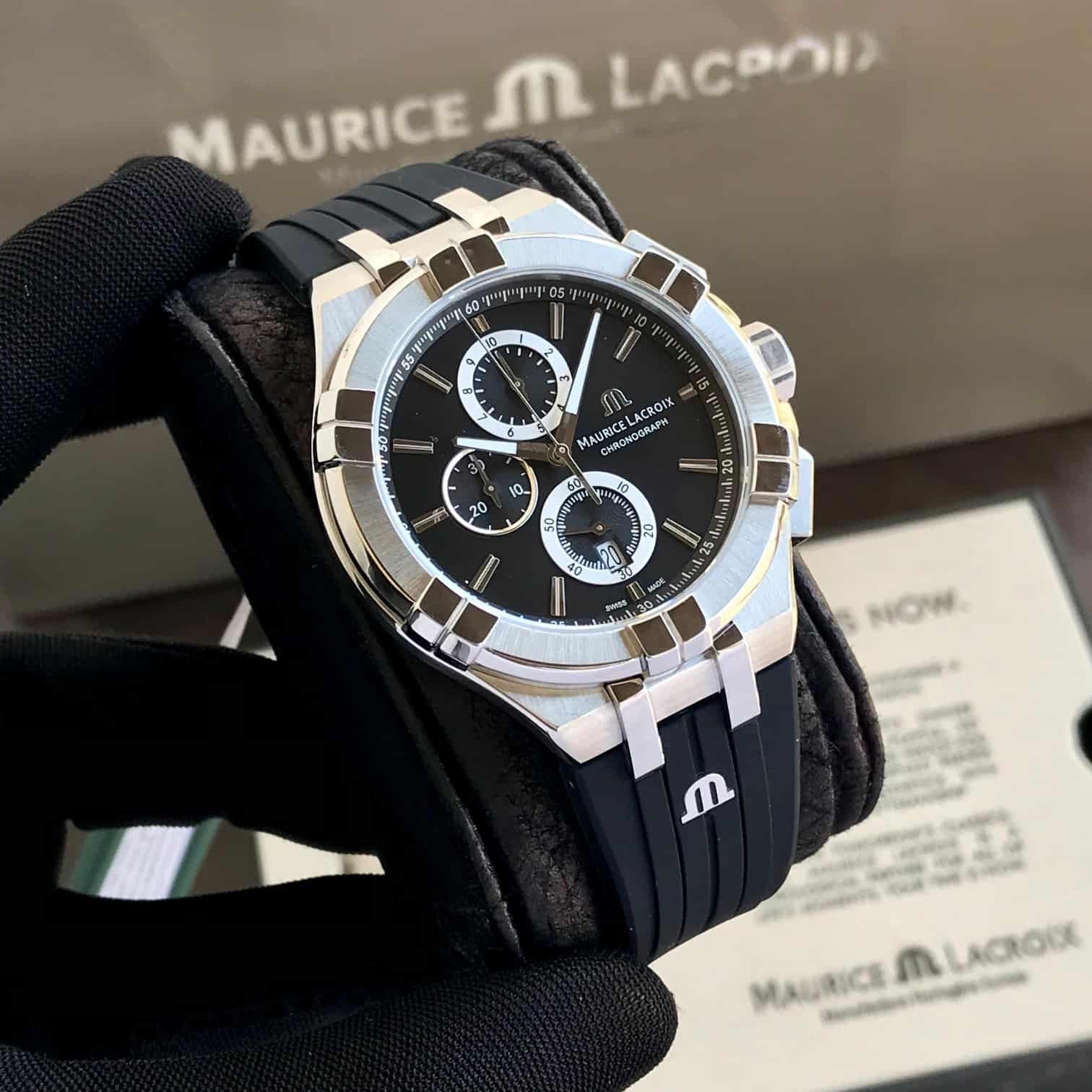 Maurice Lacroix Aikon Quartz Chronograph Full Black Authentic Mens Watch — zoomed view