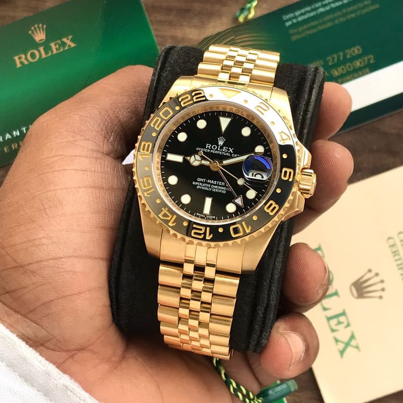 Rolex GMT-Master II With Black Ceramic Bezel Full Gold Tone & Black Dial Japanese Automatic Master Quality Mens Watch — zoomed view