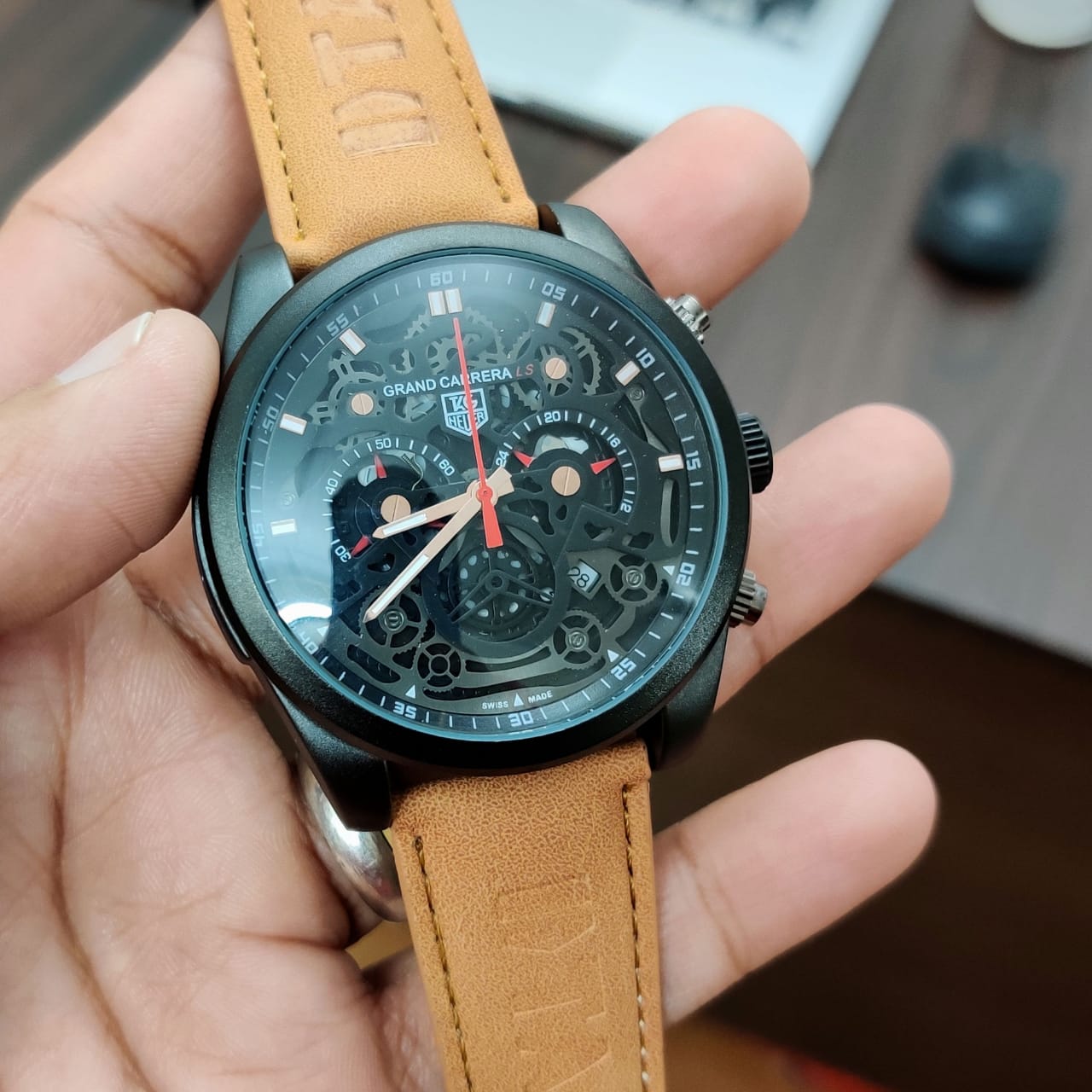 Tag Heuer Grand Carrera CR7 With Brown Leather Strap — zoomed view