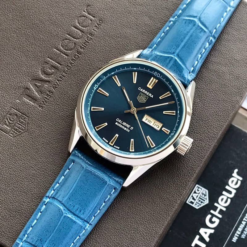 Tag Heuer Grand Carrera Calibre 5 Day Date Blue Dial & Blue Leather Strap Swiss Japanese Automatic Machinery Mens Watch