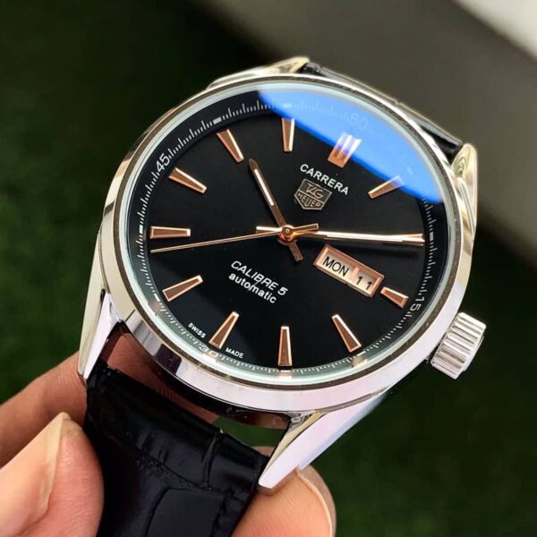 Tag Heuer Grand Carrera Calibre 5 Day Date Black Dial & Black Leather Strap Swiss Japanese Automatic Machinery Mens Watch — zoomed view
