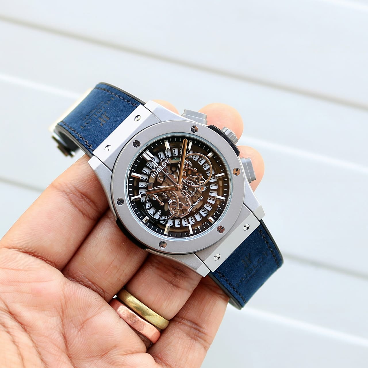 Hublot Bigbang Watch AAA Silver Blue Leather strap — zoomed view