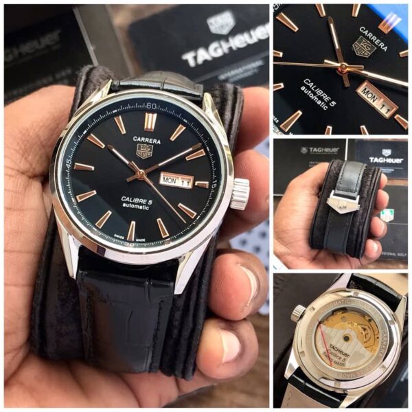 Tag Heuer Grand Carrera Calibre 5 Day Date Black Dial & Black Leather Strap Swiss Japanese Automatic Machinery Mens Watch