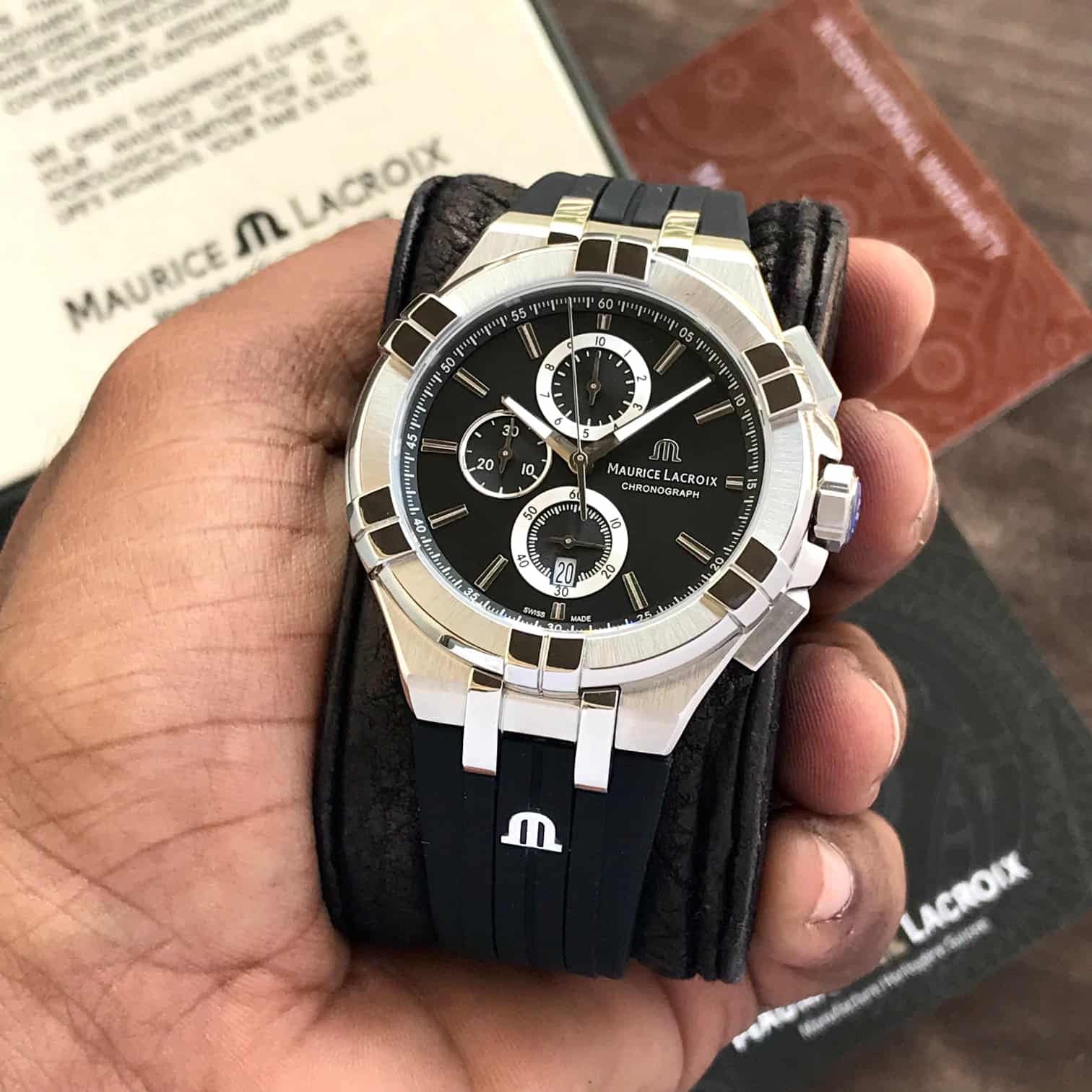 Maurice Lacroix Aikon Quartz Chronograph Full Black Authentic Mens Watch — zoomed view