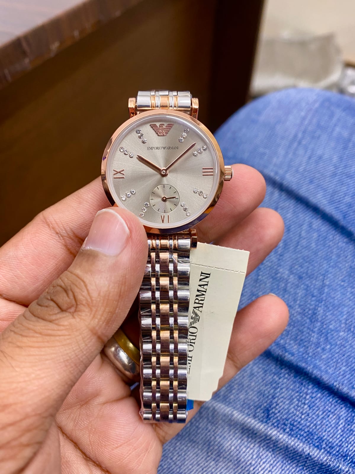 Emporio Armani Gianni T-Bar Stainless Steel Analog Grey Dial Women's Watch- — zoomed view