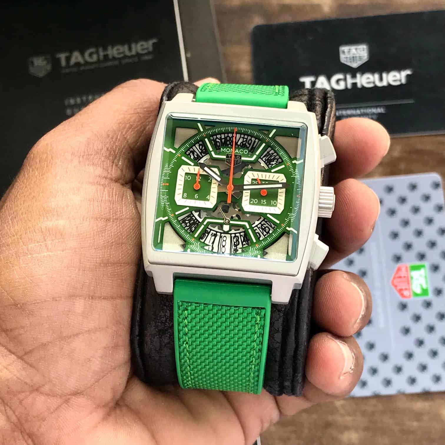 Tag Heuer Monaco Chronographs Japanese Quality Green Edition Mens Watch — zoomed view