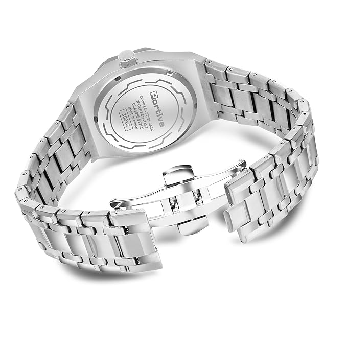 Portive Men's Silver Stainless Steel Watch, Quartz Movement, Date Display, Textured Dial