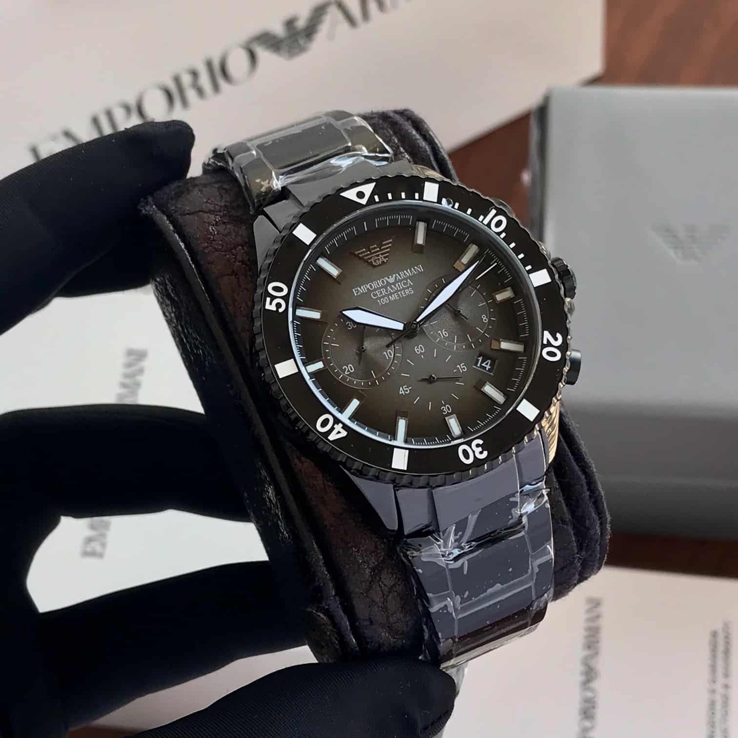 Emporio Armani AR70010 Black Ceramic Chronograph Watch For Mens — zoomed view