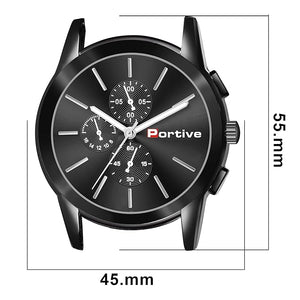 Portive Men's Solid P1229 Black Top Luxury Brand Sports Watch Fashion Casual Quartz Wristwatch Waterproof Leather Analog Clock