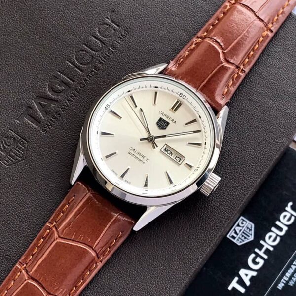 Tag Heuer Grand Carrera Calibre 5 Day Date White & Silver Dial & Brown Leather Strap Swiss Japanese Automatic Machinery Mens Watch