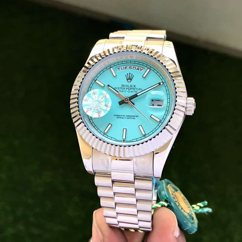 Rolex Date Just Silver Tone Sky Blue Dial Automatic Mens Watch — zoomed view