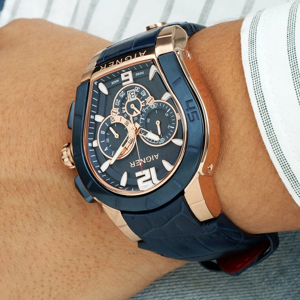 Aigner Palermo Chronograph Blue Watch for Men with Blue Leather Belt — zoomed view