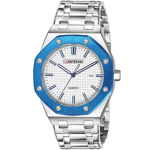 Portive Men's Silver Stainless Steel Watch, Quartz Movement, Date Display, Textured Dial