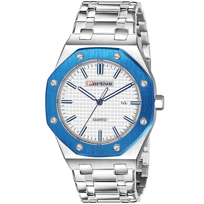 Portive Men's Silver Stainless Steel Watch, Quartz Movement, Date Display, Textured Dial