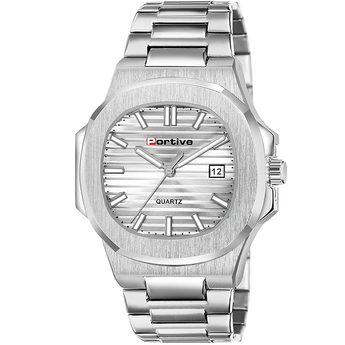 Portive Men's Silver Classic Analog Durable Stainless Steel Strap Formal Style Designed Watch