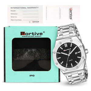 Portive Men's Silver Stainless Steel Watch, Quartz Movement, Date Display, Textured Dial