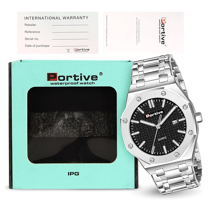 Portive Men's Silver Stainless Steel Watch, Quartz Movement, Date Display, Textured Dial