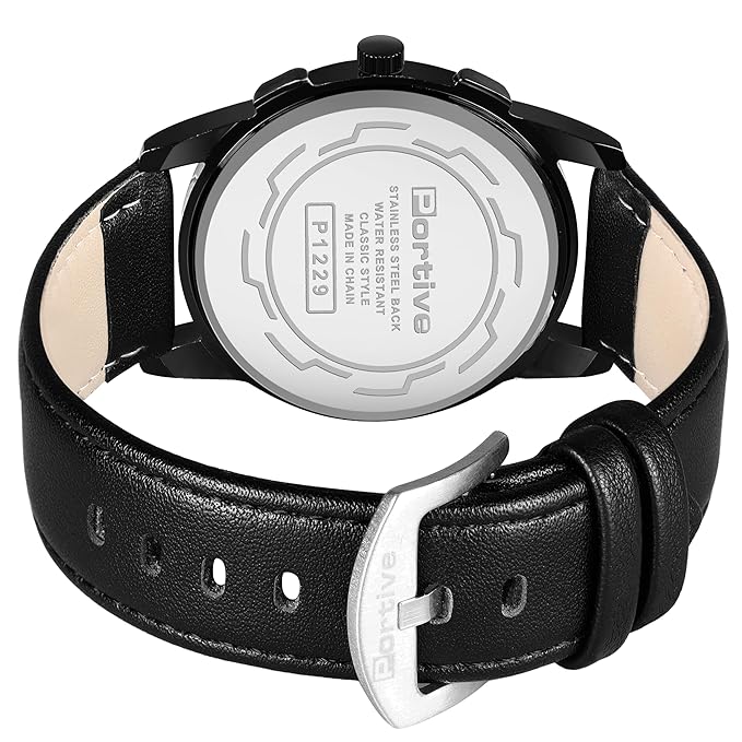 Portive Men's Solid P1229 Black Top Luxury Brand Sports Watch Fashion Casual Quartz Wristwatch Waterproof Leather Analog Clock