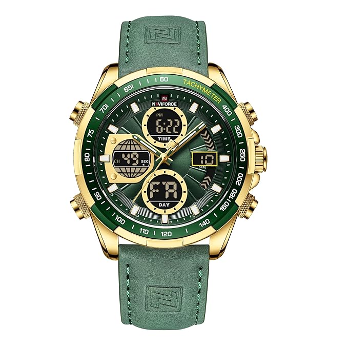 NAVIFORCE (orignal) Men's Military Digital Watches Analog Quartz Waterproof Watch Sport Multifunctional Leather Wristwatch — zoomed view