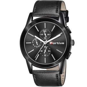 Portive Men's Solid P1229 Black Top Luxury Brand Sports Watch Fashion Casual Quartz Wristwatch Waterproof Leather Analog Clock