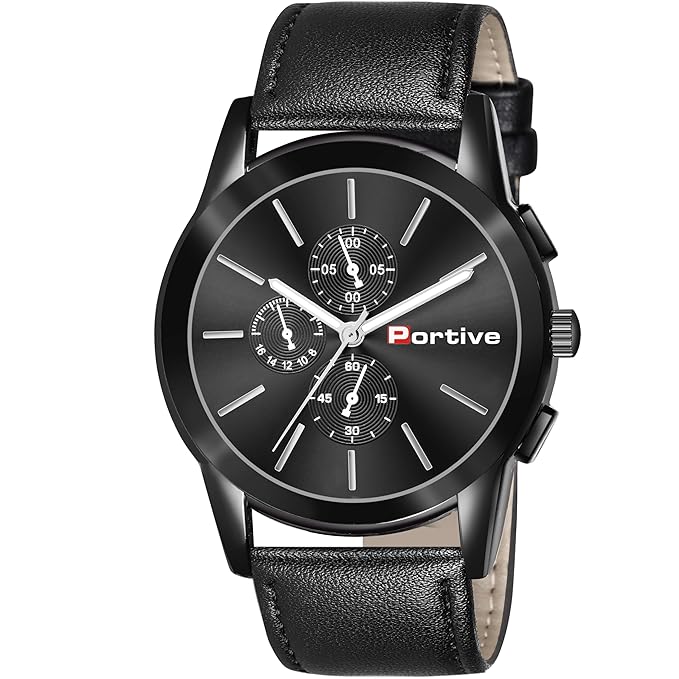 Portive Men's Solid P1229 Black Top Luxury Brand Sports Watch Fashion Casual Quartz Wristwatch Waterproof Leather Analog Clock