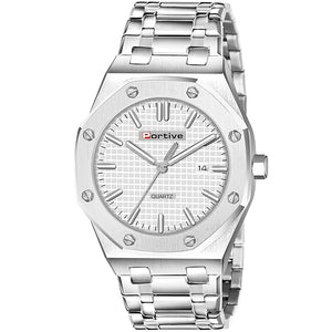 Portive Men's Silver Stainless Steel Watch, Quartz Movement, Date Display, Textured Dial