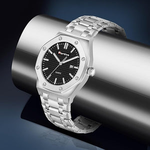 Portive Men's Silver Stainless Steel Watch, Quartz Movement, Date Display, Textured Dial