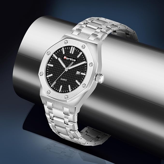 Portive Men's Silver Stainless Steel Watch, Quartz Movement, Date Display, Textured Dial