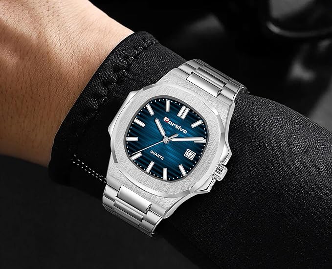 Portive Men's Silver Classic Analog Durable Stainless Steel Strap Formal Style Designed Watch — zoomed view