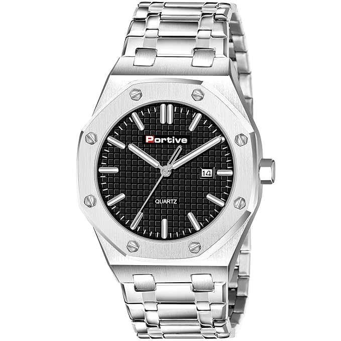Portive Men's Silver Stainless Steel Watch, Quartz Movement, Date Display, Textured Dial