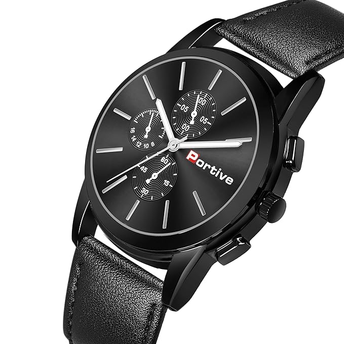Portive Men's Solid P1229 Black Top Luxury Brand Sports Watch Fashion Casual Quartz Wristwatch Waterproof Leather Analog Clock