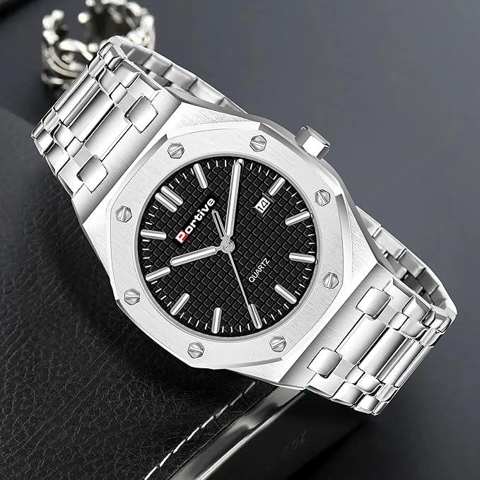 Portive Men's Silver Stainless Steel Watch, Quartz Movement, Date Display, Textured Dial — zoomed view