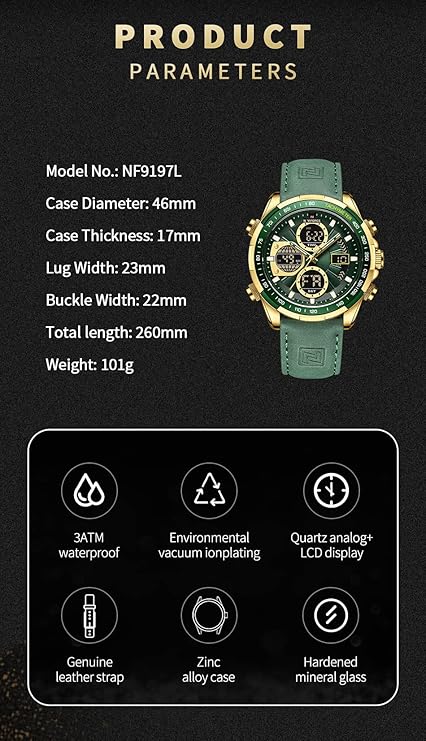 NAVIFORCE (orignal) Men's Military Digital Watches Analog Quartz Waterproof Watch Sport Multifunctional Leather Wristwatch