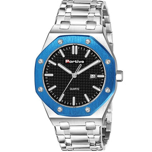 Portive Men's Silver Stainless Steel Watch, Quartz Movement, Date Display, Textured Dial