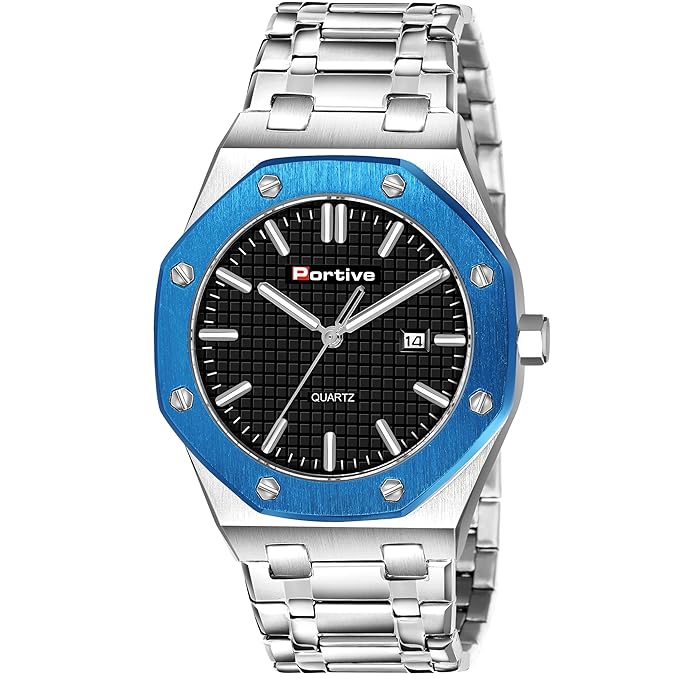 Portive Men's Silver Stainless Steel Watch, Quartz Movement, Date Display, Textured Dial