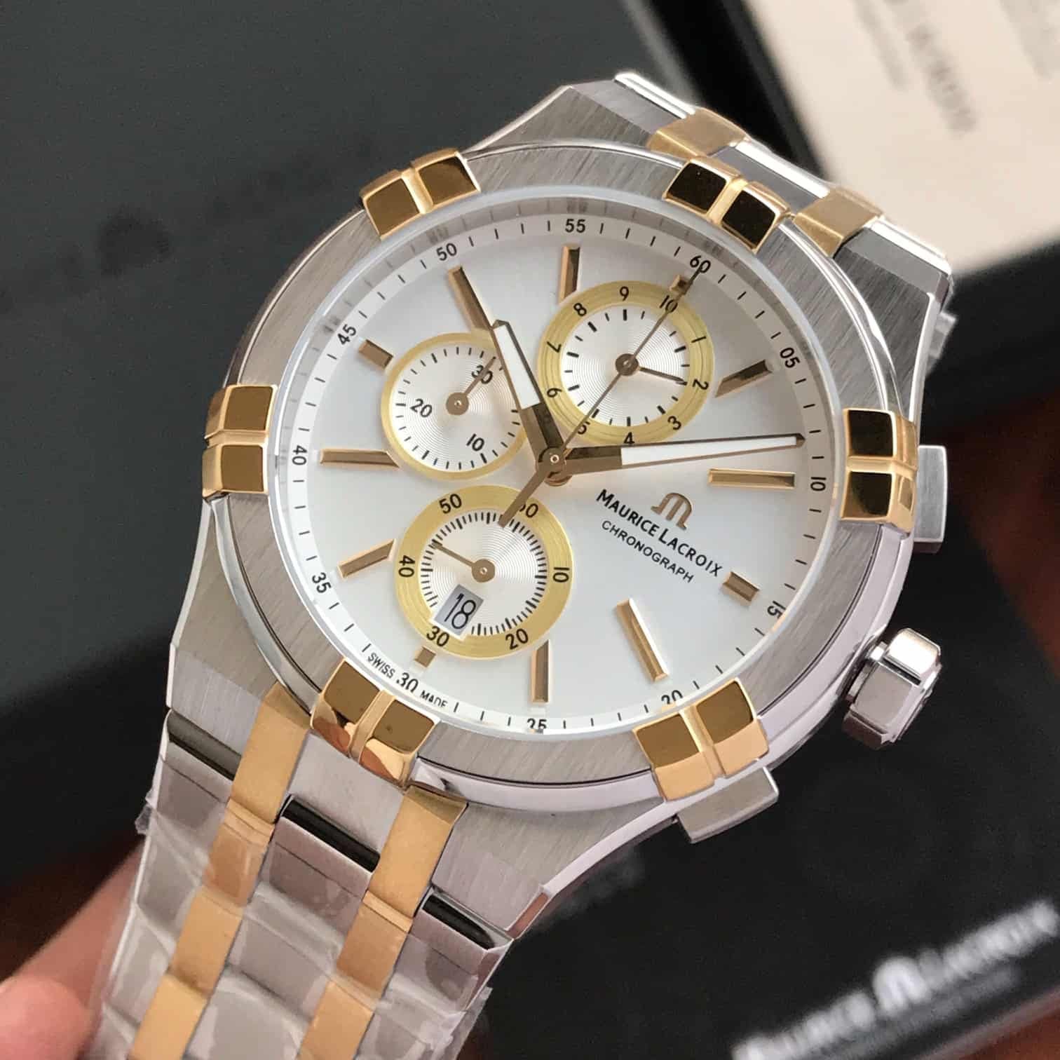 Maurice Lacroix Aikon Authentic Quartz Chronograph Two Tone Mens Watch — zoomed view