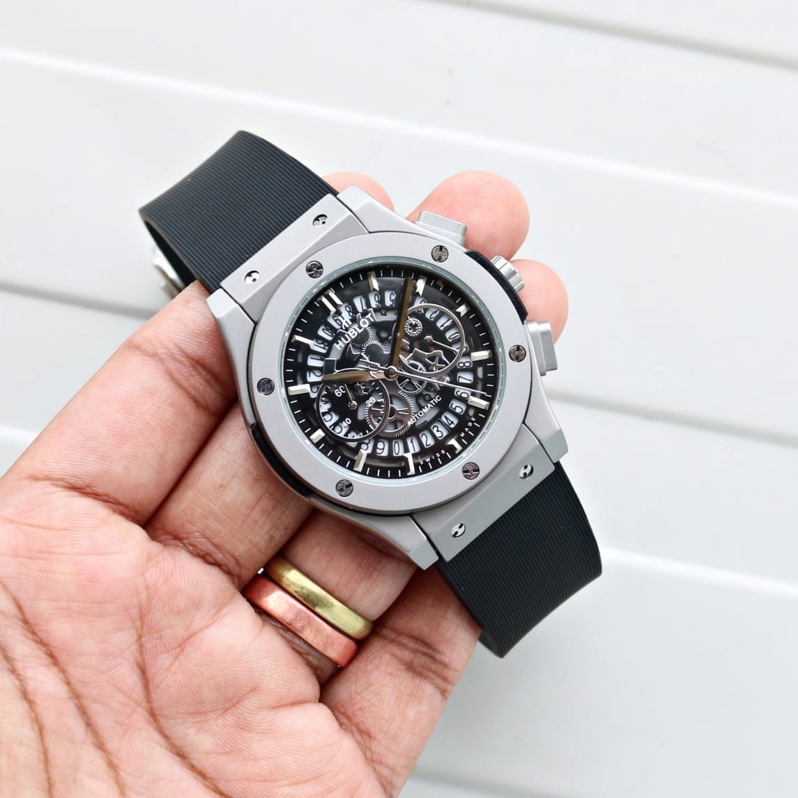 HUBLOT BIG BANG 5 HAND PATENT PREMIUM JAPANESE QUALITY MENC WATCH — zoomed view