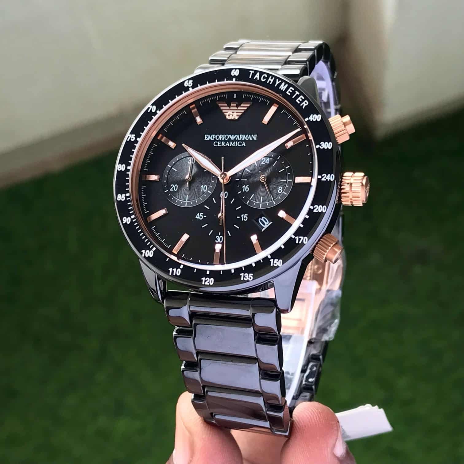 Emporio Armani AR70002 Full Black Ceramic Japanese Mens Watch — zoomed view