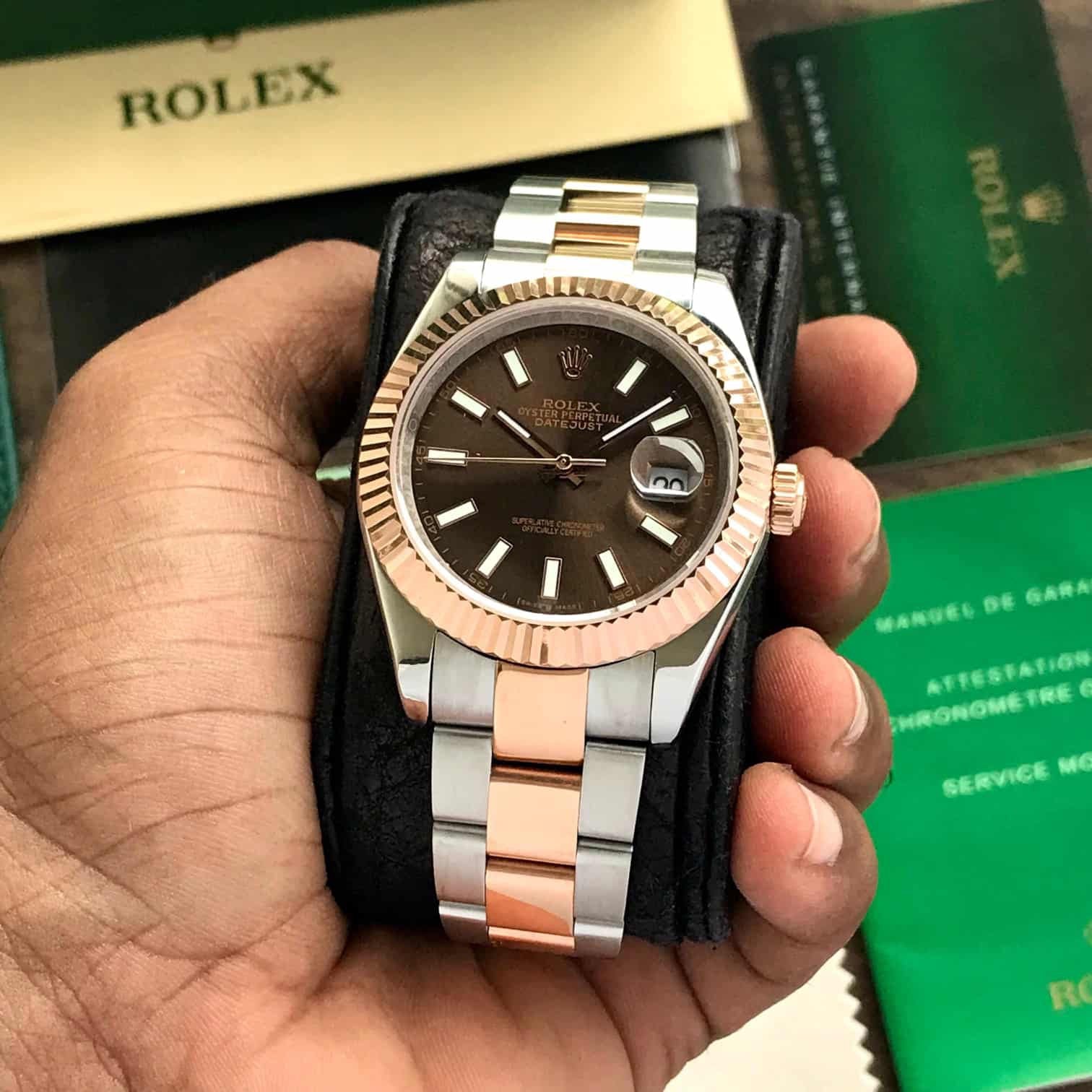 Rolex Date Just 41 Two Tone Chocolate Dial Automatic Mens Watch — zoomed view