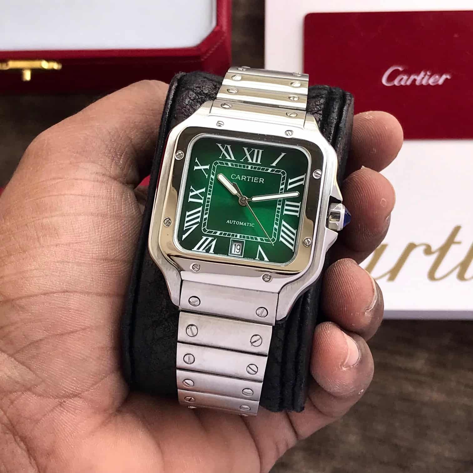 Cartier De Santosh Medium Model Green Dial Stainless Steel Automatic Men’s Watch — zoomed view