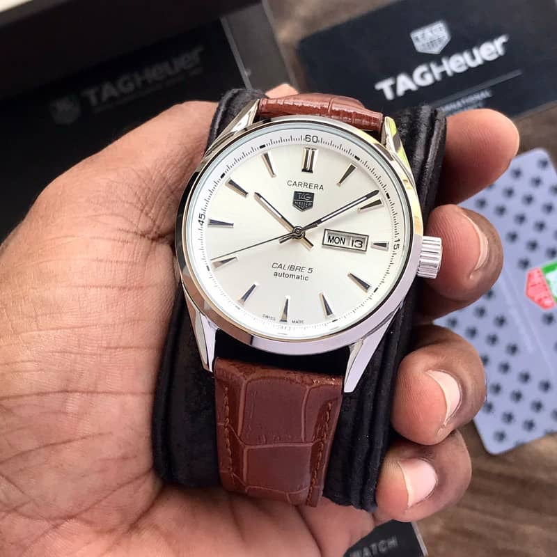 Tag Heuer Grand Carrera Calibre 5 Day Date White & Silver Dial & Brown Leather Strap Swiss Japanese Automatic Machinery Mens Watch — zoomed view