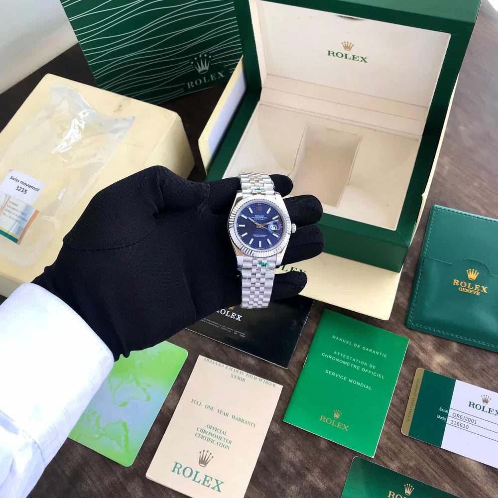 Rolex Date Just 41 Blue Motif Index Dial Fluted Bezel Jubilee Stainless Steel & Japanese Master Quality Mens Watch