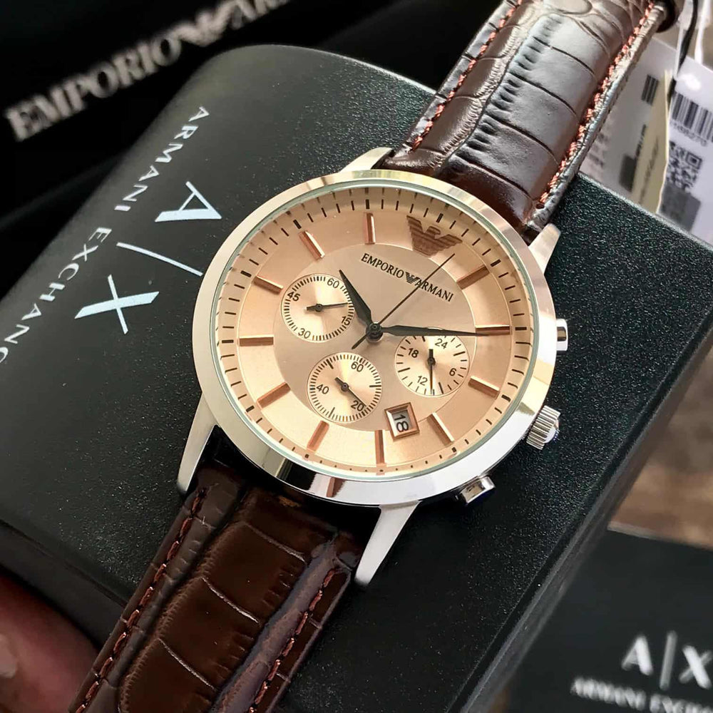 Emporio Armani AR2433 Chronograph Beige & Brown Leather Strap Mens Watch