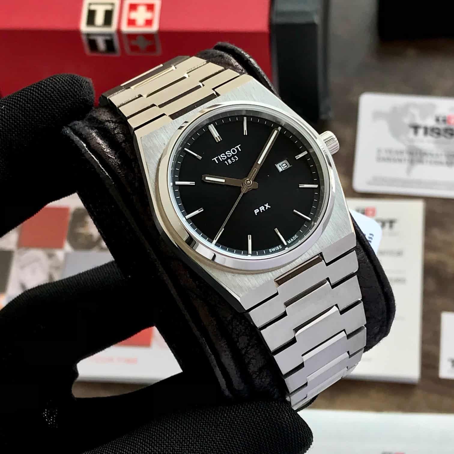 Tissot PRX T-Classic Stainless Steel Black Dial Japanese Quartz Mens Watch — zoomed view