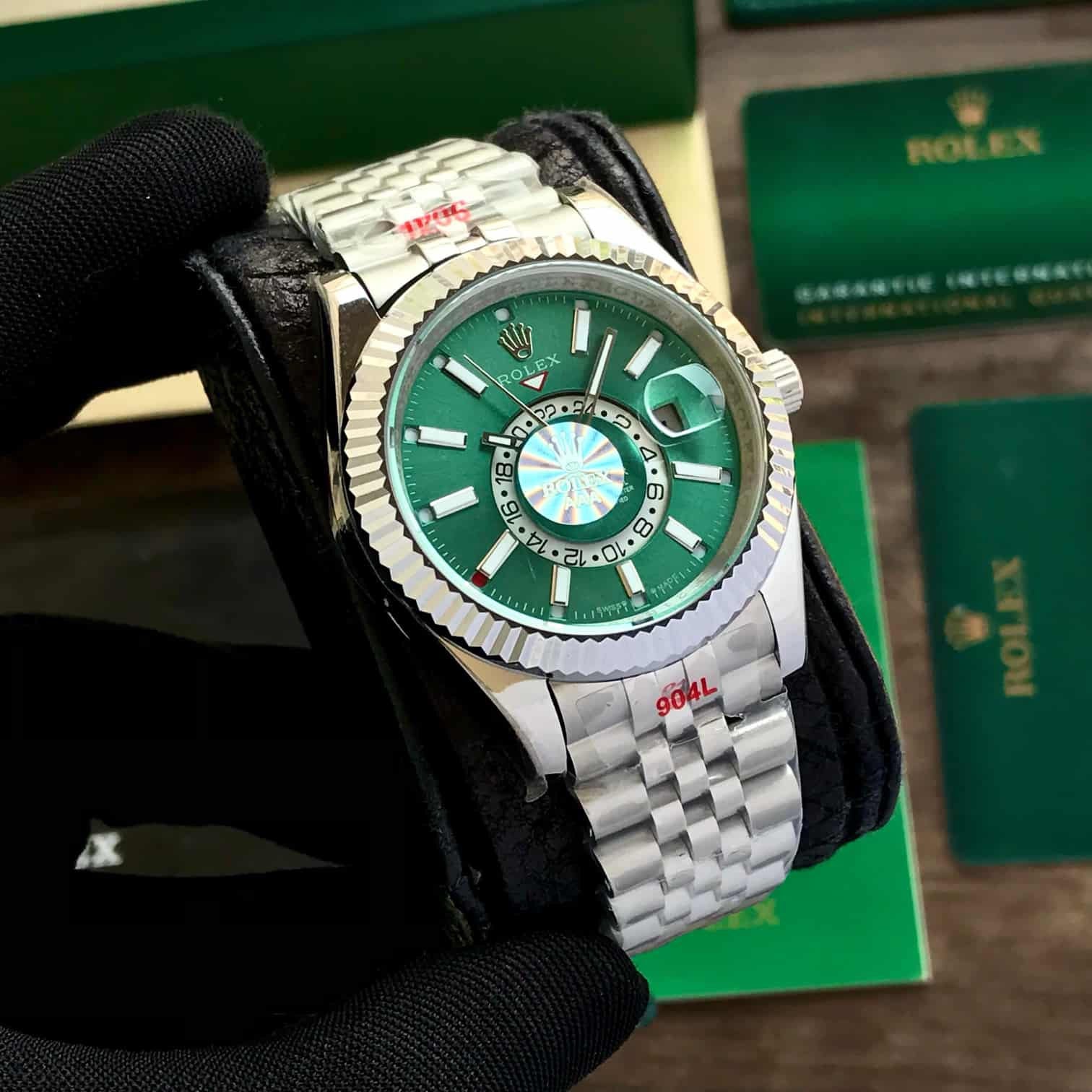 Rolex SkyDweller Silver Green Dial Jubli Chain Automatic Men’s Watch — zoomed view