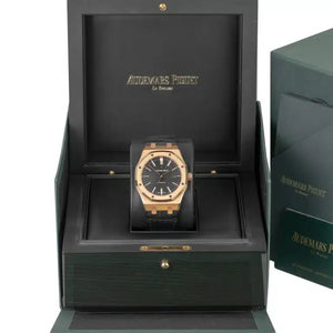 Audemars Piguet Royal Oak Selfwinding Black Dial 41mm Rose Gold Leather Strap Watch